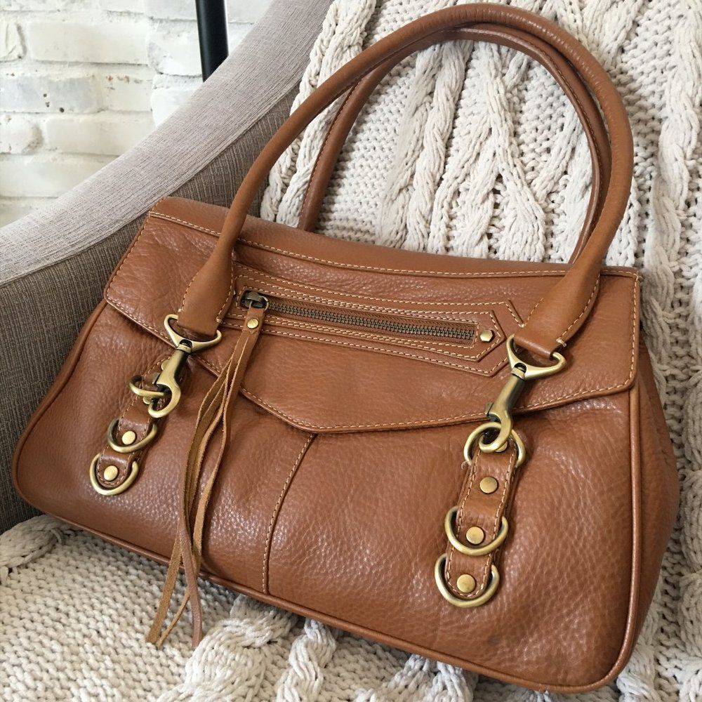 Via Spiga Leather Satchell Bag Brown Pebbled Leather Double Handle